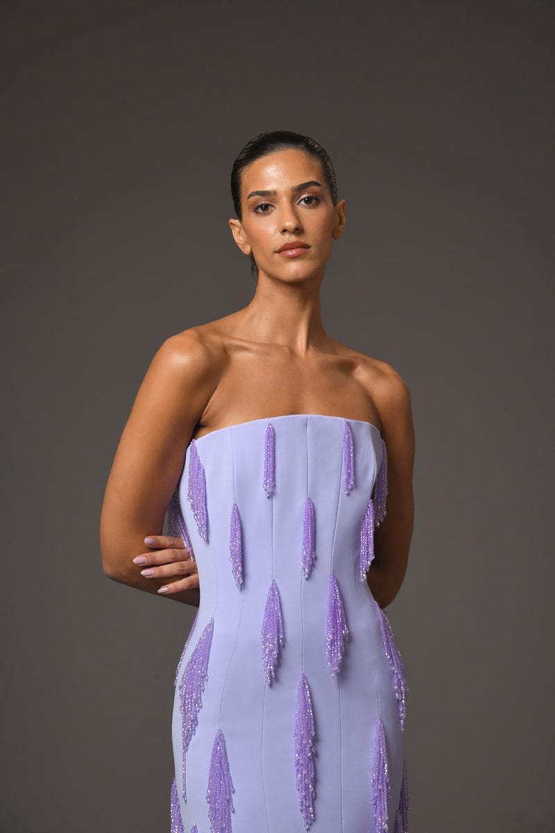 Lilac crêpe dress featuring beaded fringes