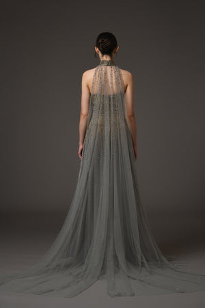 Corseted grey fully embroidered tulle dress