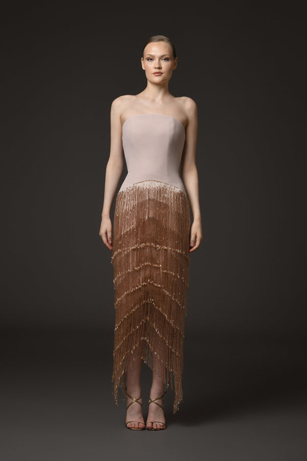 Nude corseted crêpe dress with layered beaded fringes