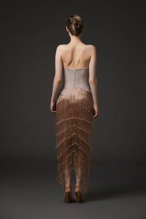 Nude corseted crêpe dress with layered beaded fringes