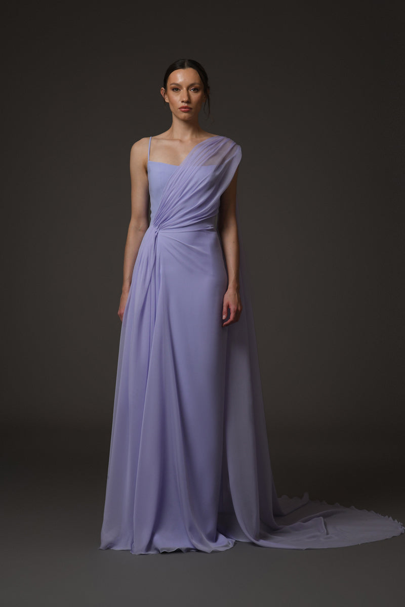 Lilac crêpe dress with chiffon