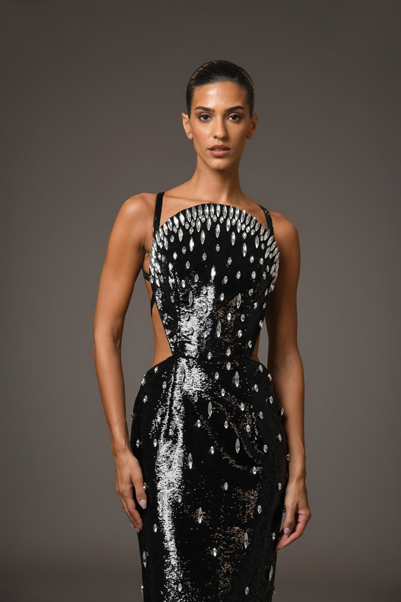 Black sequined fully embroidered dress