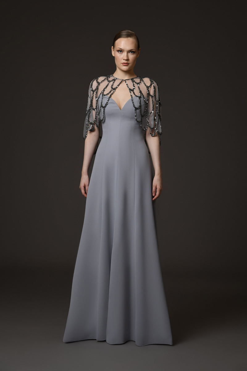 formal dress with bolero Grey crêpe an embroidered ankle leather boots Elegant A line Straps Color:Quebracho time tracking updates are