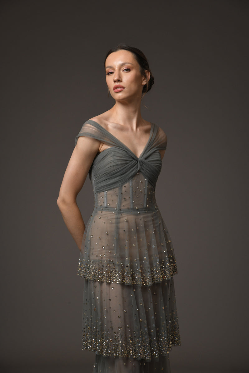 Grey layered tulle dress with embroidery