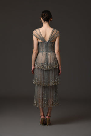 Grey layered tulle dress with embroidery