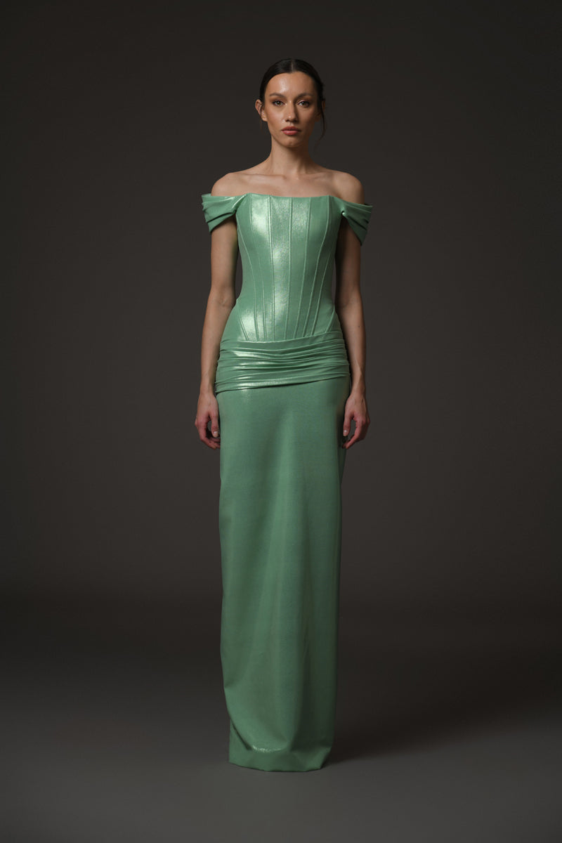 Green corseted dress