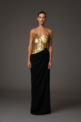 Black corseted crêpe dress with gold embroidery