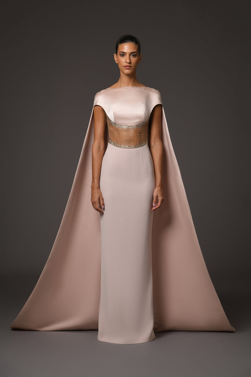 Nude corseted crêpe dress with embroidery and a silk satin radzimir cape