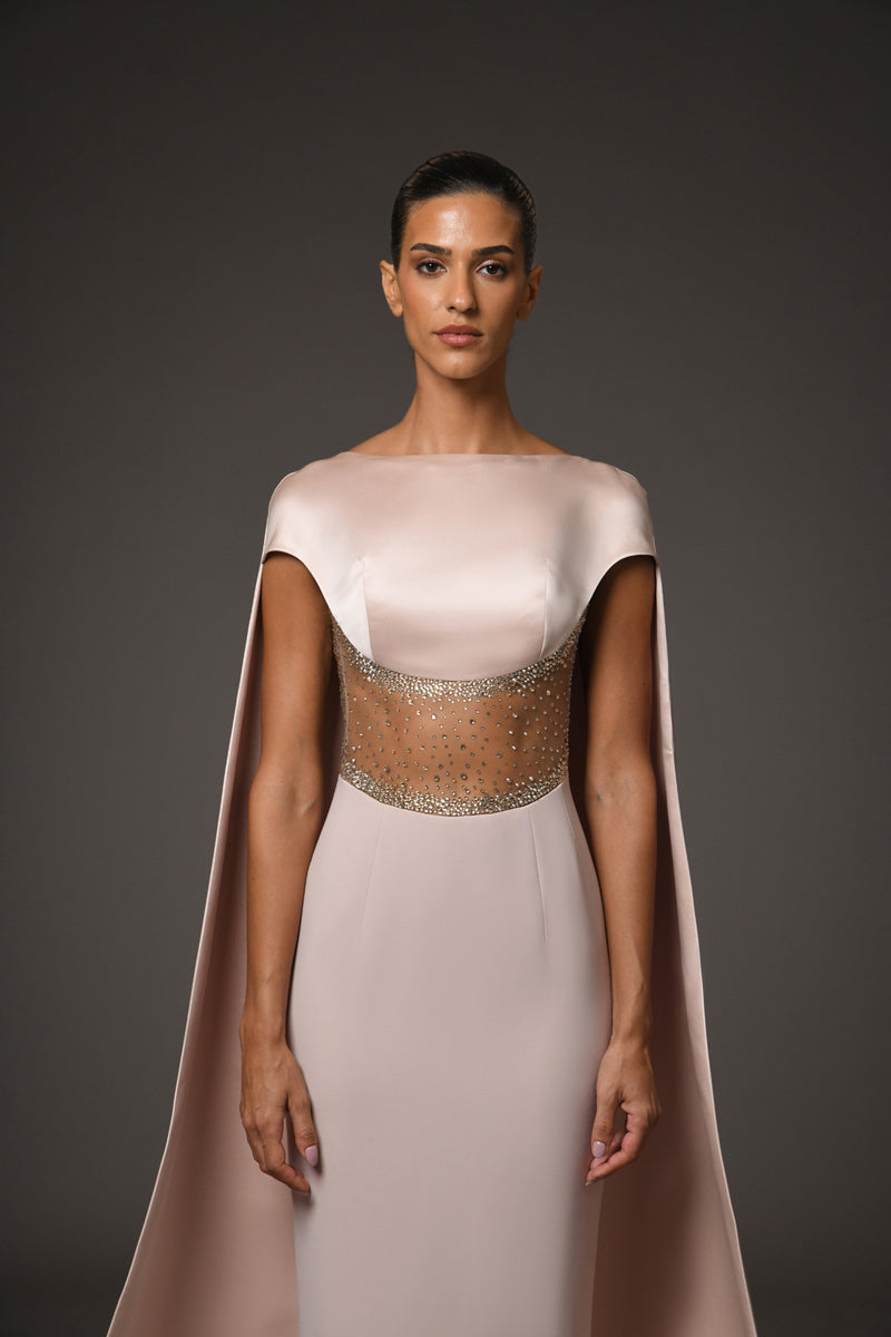 Nude corseted crêpe dress with embroidery and a silk satin radzimir cape