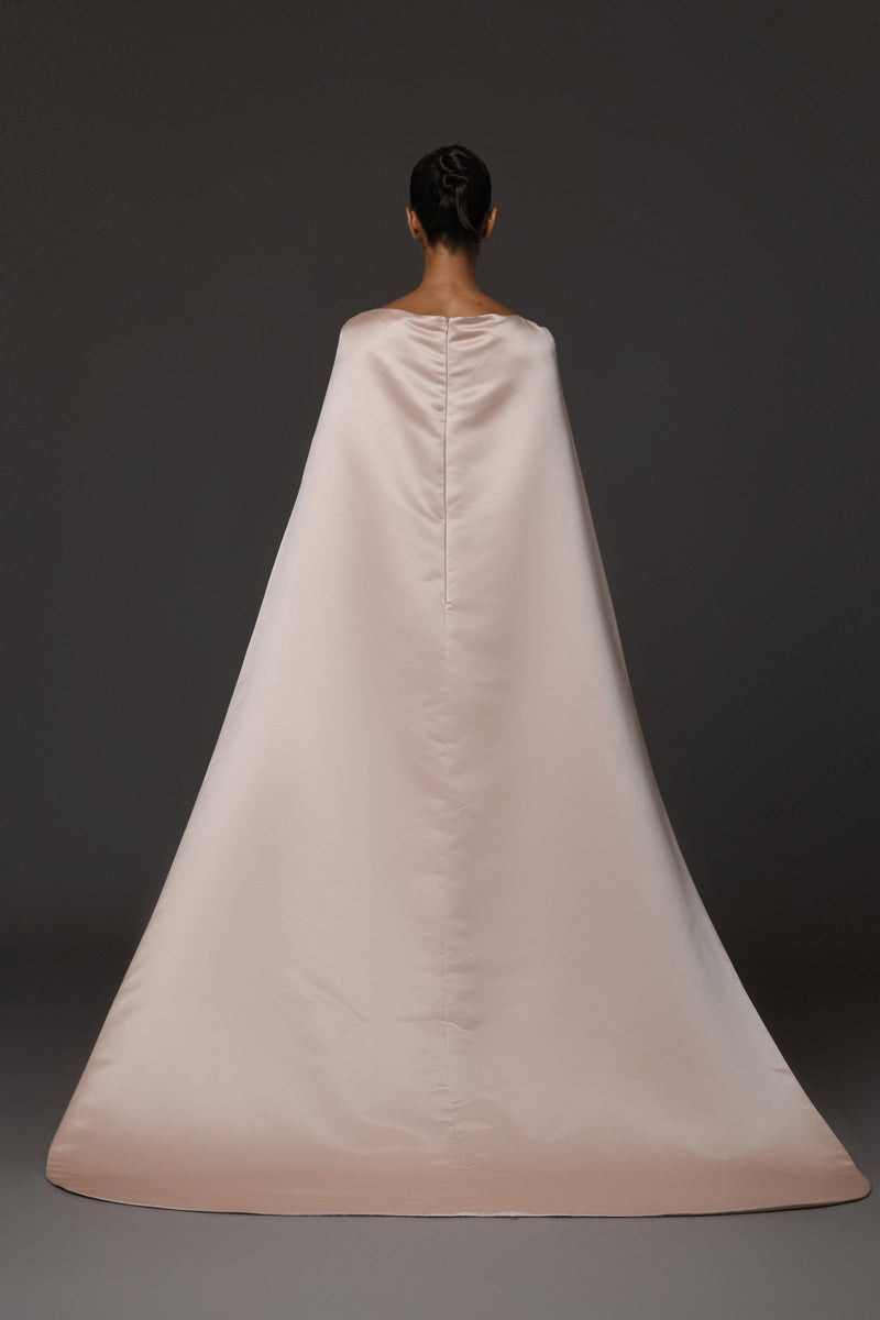 Nude corseted crêpe dress with embroidery and a silk satin radzimir cape