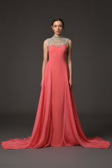 Coral crêpe dress with an embroidered neckline and a chiffon overskirt