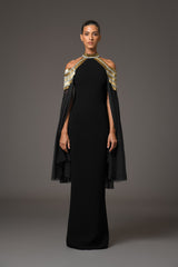 Black crêpe dress with embroidery and cape sleeves