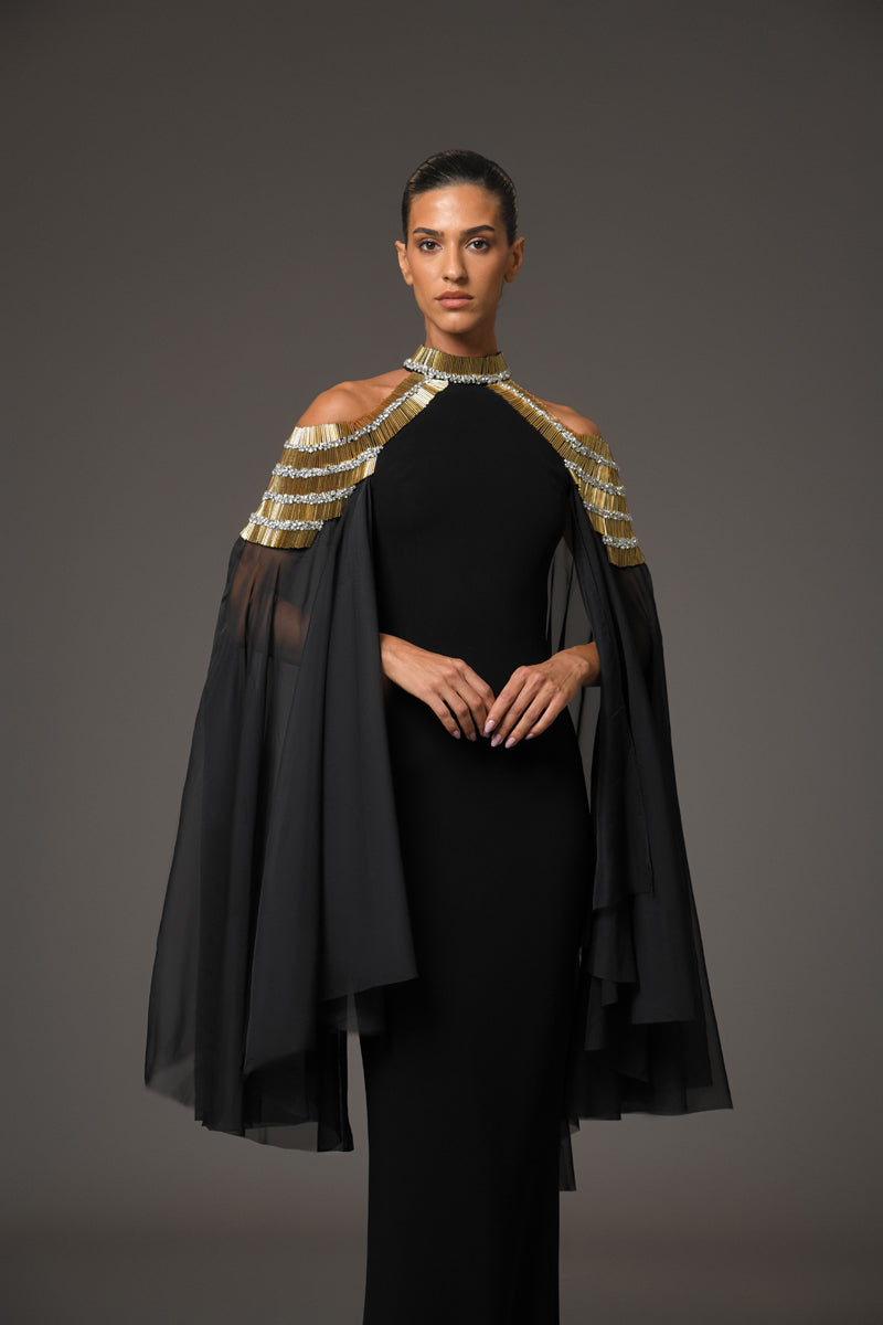 Black crêpe dress with embroidery and cape sleeves