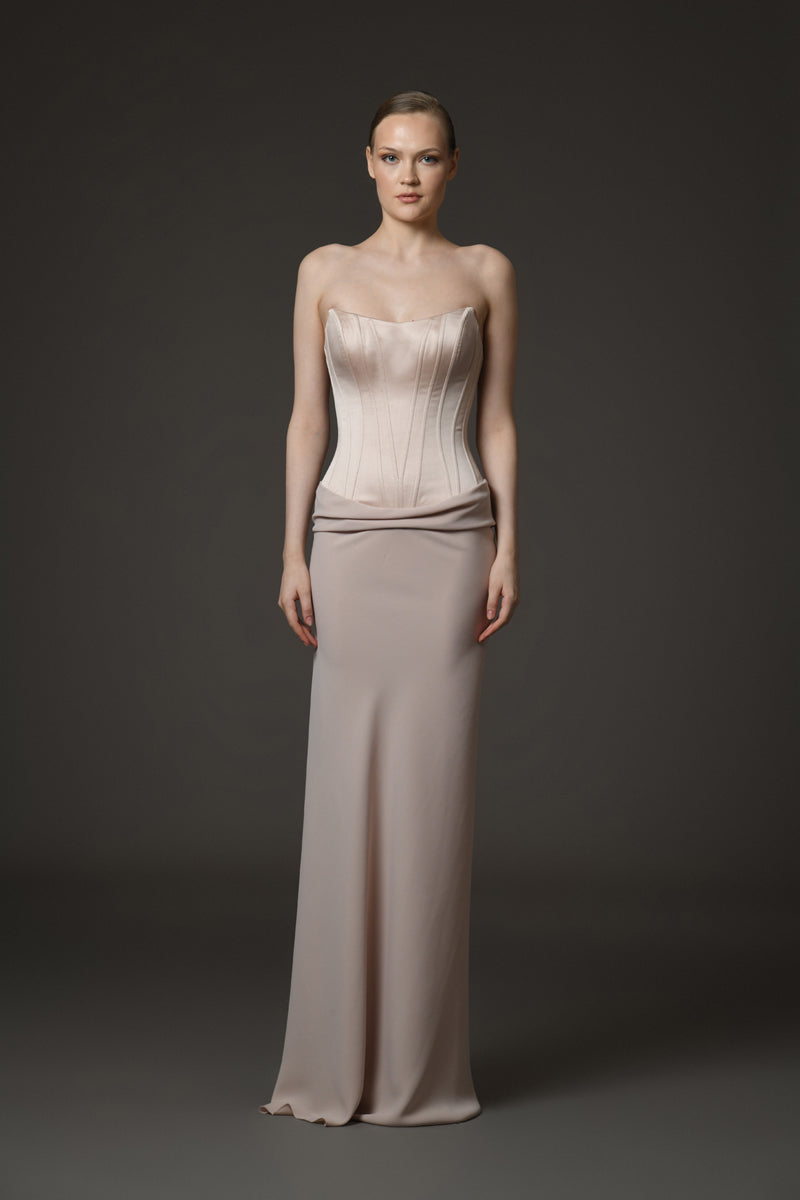 Nude corseted crêpe dress with exquisite draping