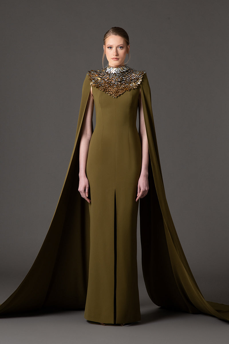 Olive green crêpe dress with 3D leaf embellishment