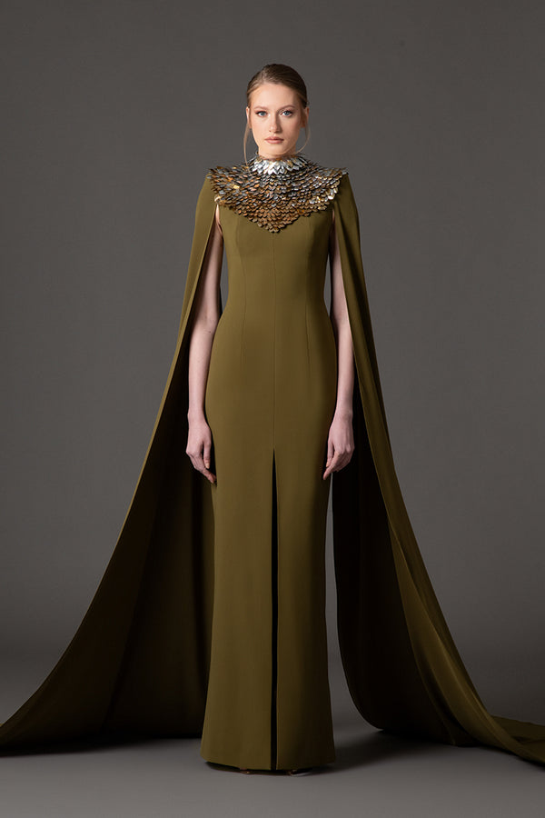 Olive green crêpe dress with 3D leaf embellishment and cape sleeves