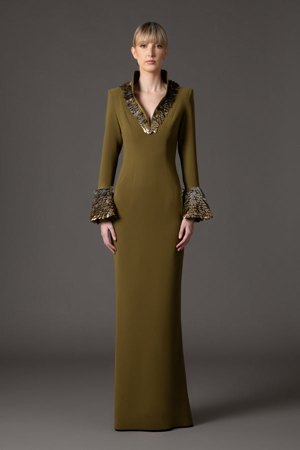 Olive green crêpe dress with 3D leaf embellishment and bell sleeves