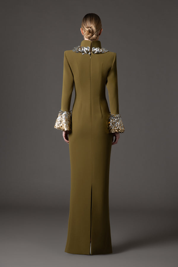 Olive green crêpe dress with 3D leaf embellishment and bell sleeves