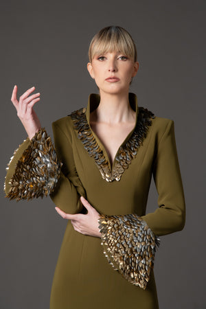 Olive green crêpe dress with 3D leaf embellishment and bell sleeves