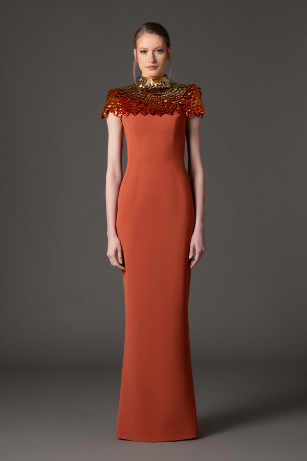 Burnt brick crêpe dress with 3D leaf embellishment