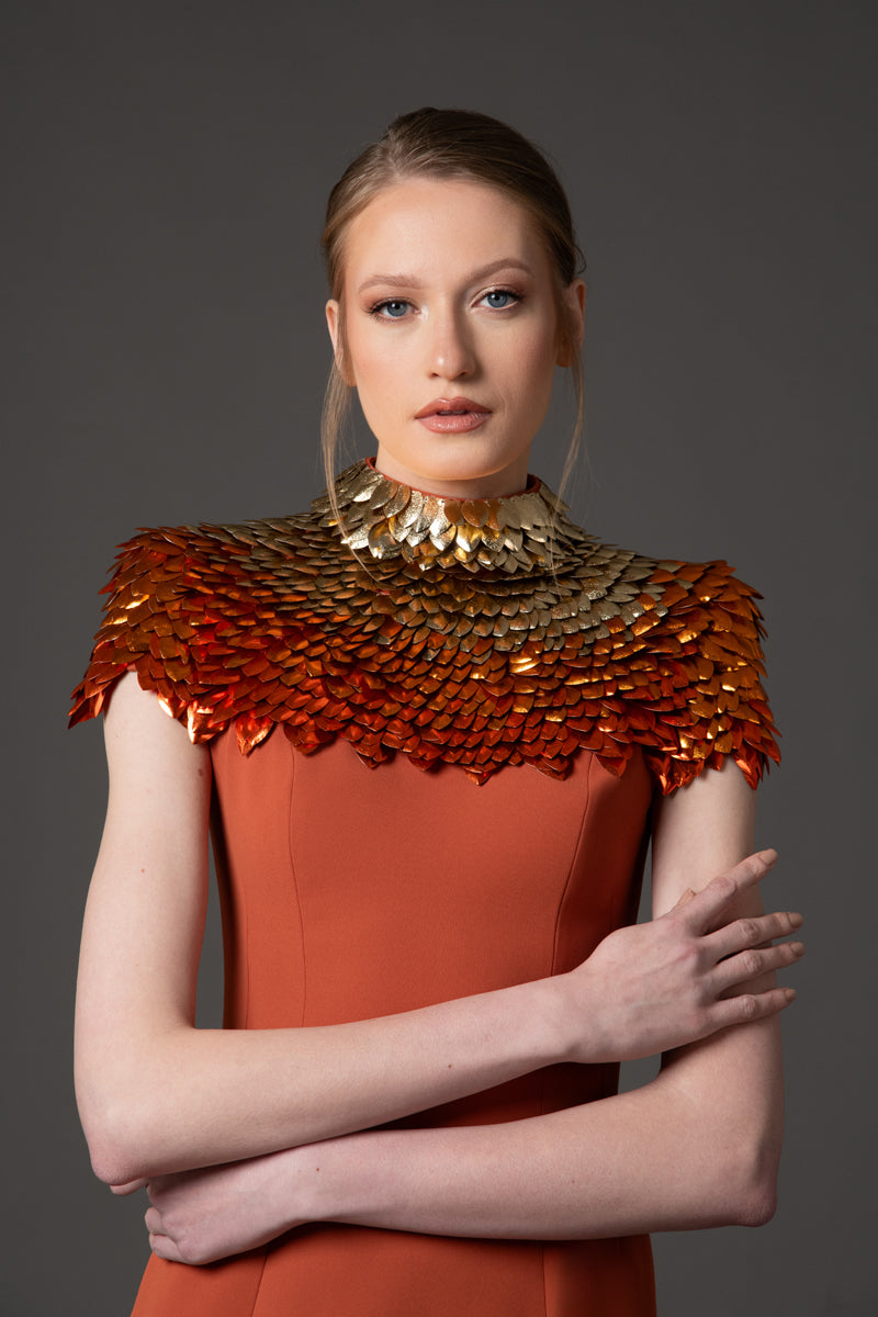 Burnt brick crêpe dress with 3D leaf embellishment