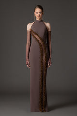 Halter neck coffee brown crêpe dress with tulle cutout and embroidery