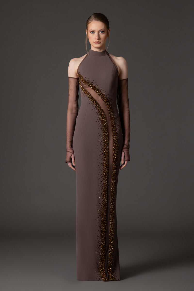 Halter neck coffee brown crêpe dress with tulle cutout and embroidery