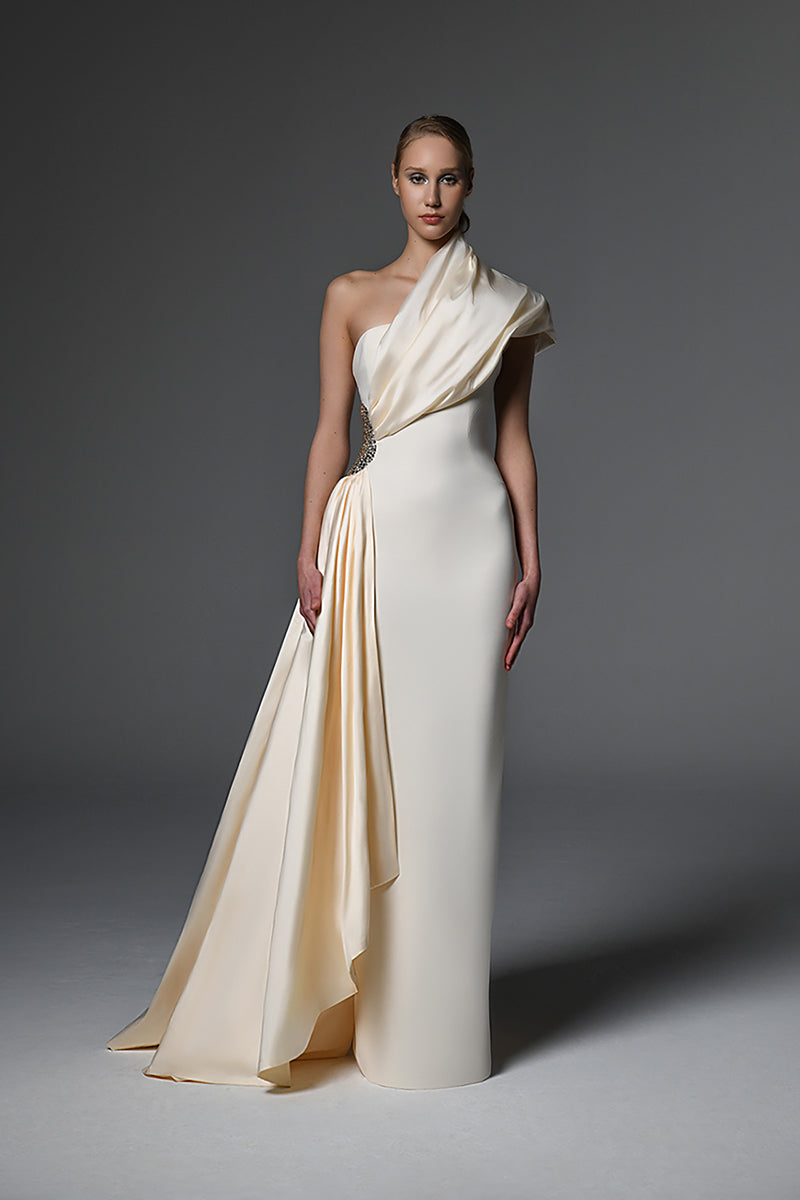 Ivory asymmetric crêpe dress with taffeta collar
