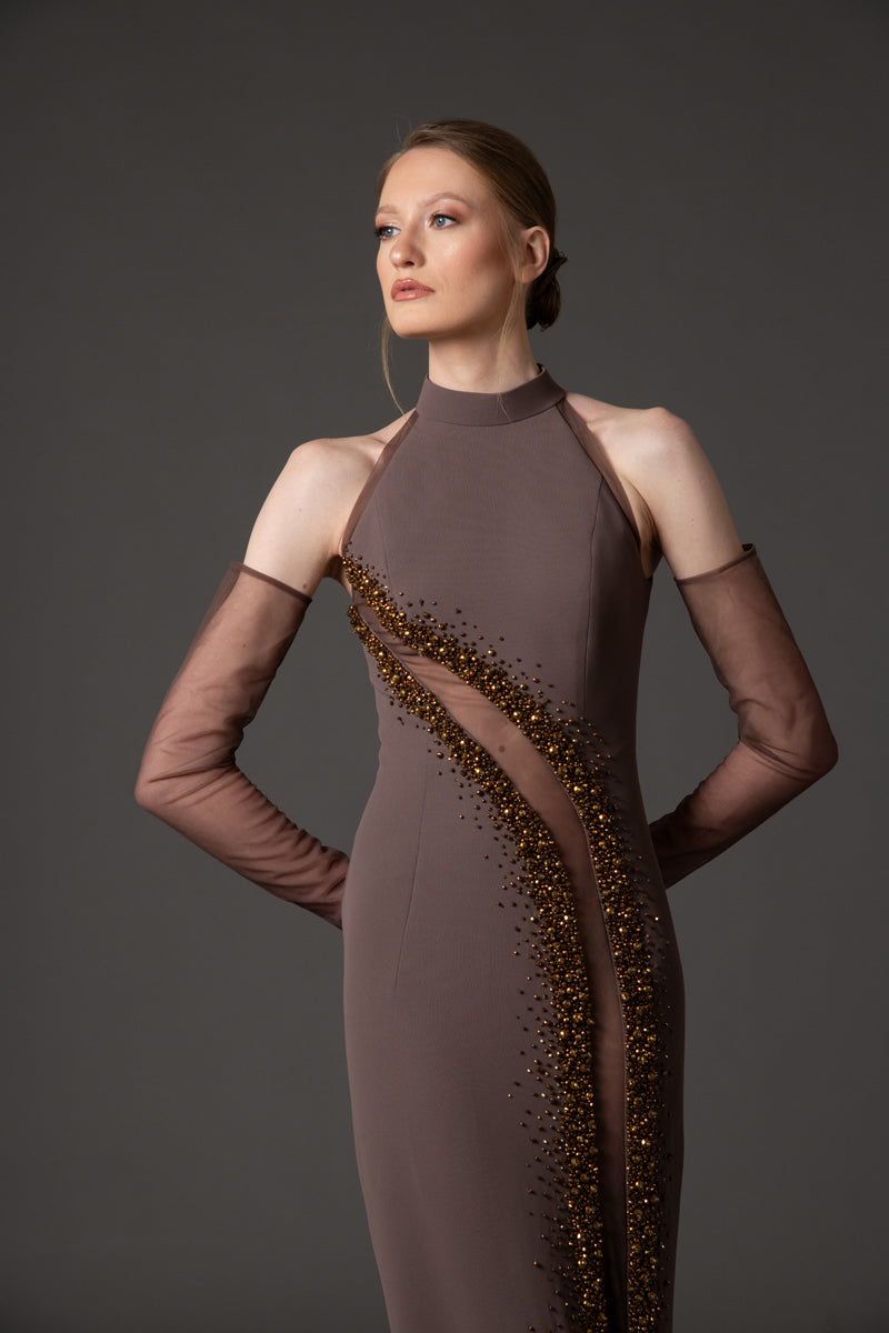 Halter neck coffee brown crêpe dress with tulle cutout and embroidery