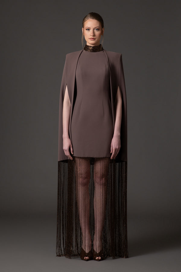 Coffee brown cape dress with beaded fringes