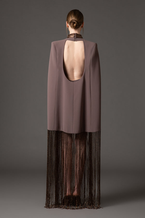 Coffee brown cape dress with beaded fringes