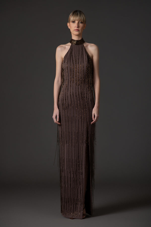 Halter neck coffee brown crêpe dress with beaded fringes