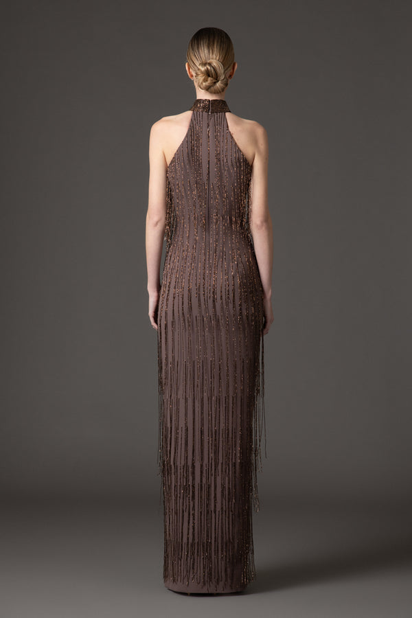 Halter neck coffee brown crêpe dress with beaded fringes