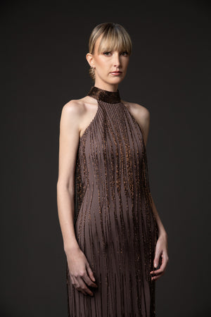 Halter neck coffee brown crêpe dress with beaded fringes