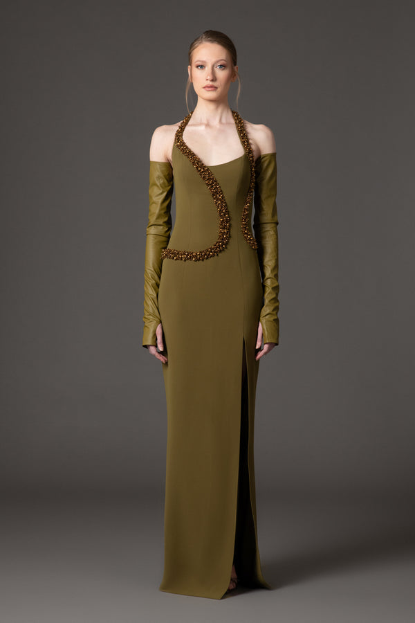 Olive green crêpe dress with embroidery detailing