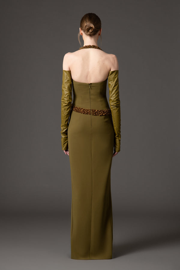 Olive green crêpe dress with embroidery detailing