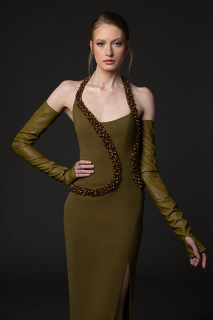 Olive green crêpe dress with embroidery detailing