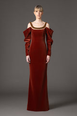 Burnt brick velvet dress with embroidered detailing