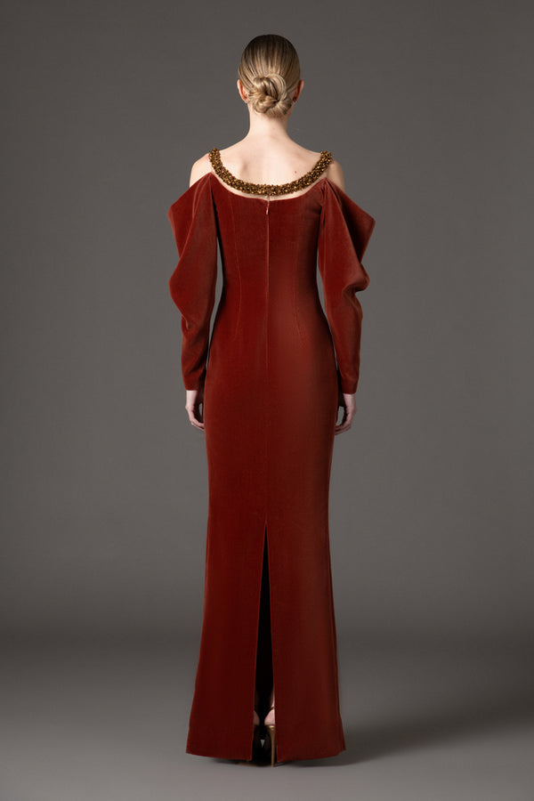 Burnt brick velvet dress with embroidered detailing