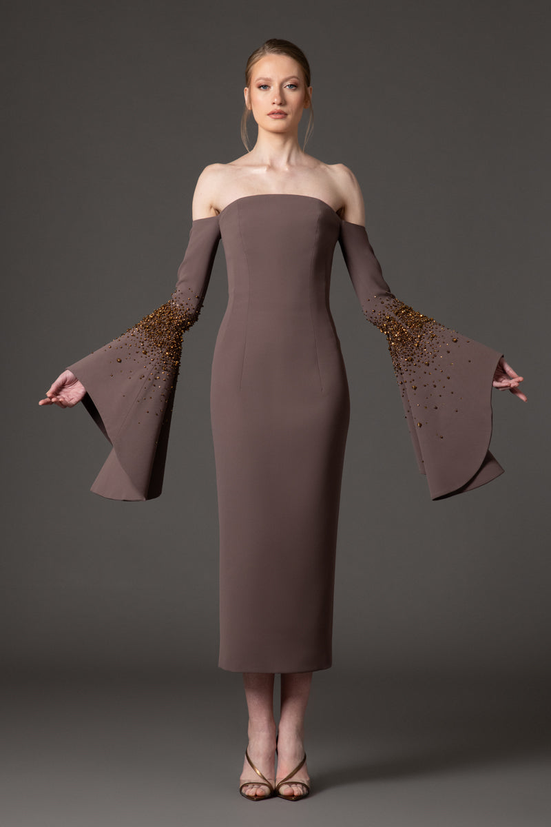 Embroidered coffee brown midi crêpe dress with bell sleeves