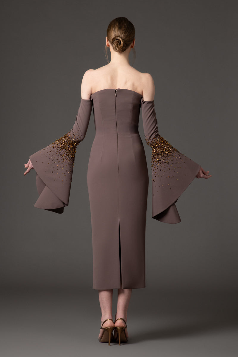 Embroidered coffee brown midi crêpe dress with bell sleeves