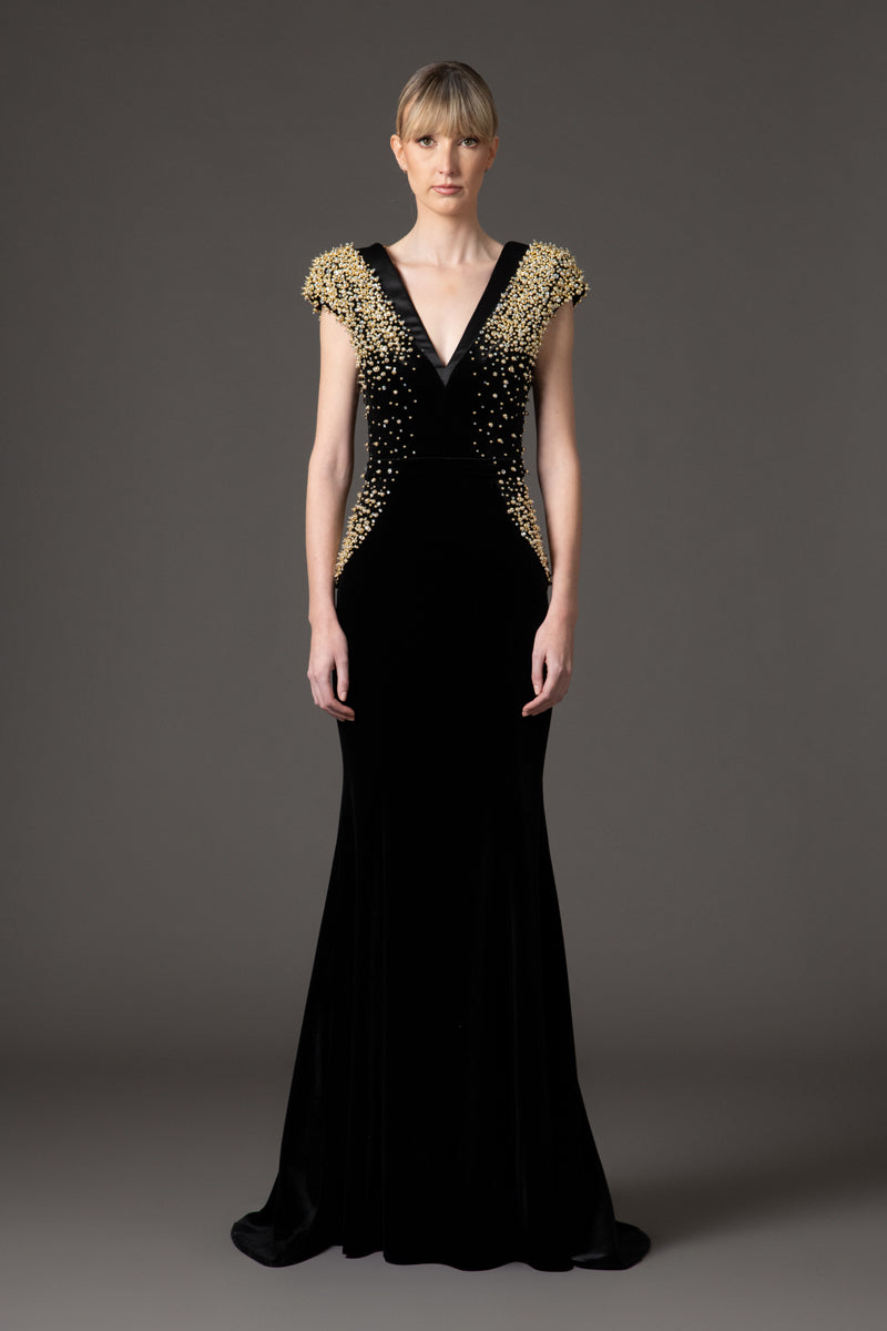 Velvet black dress with crystal and gold embroidery