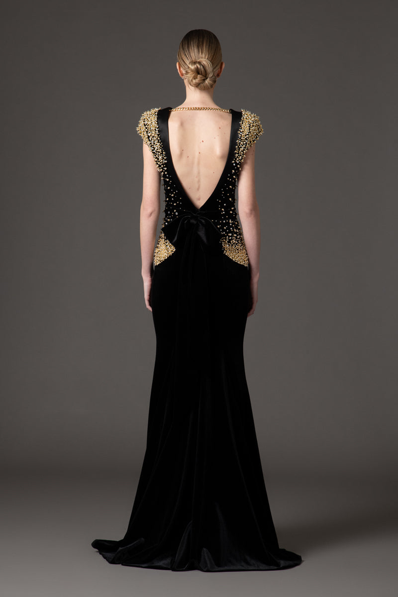 Velvet black dress with crystal and gold embroidery