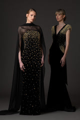 Velvet black dress with crystal and gold embroidery and a chiffon neck scarf