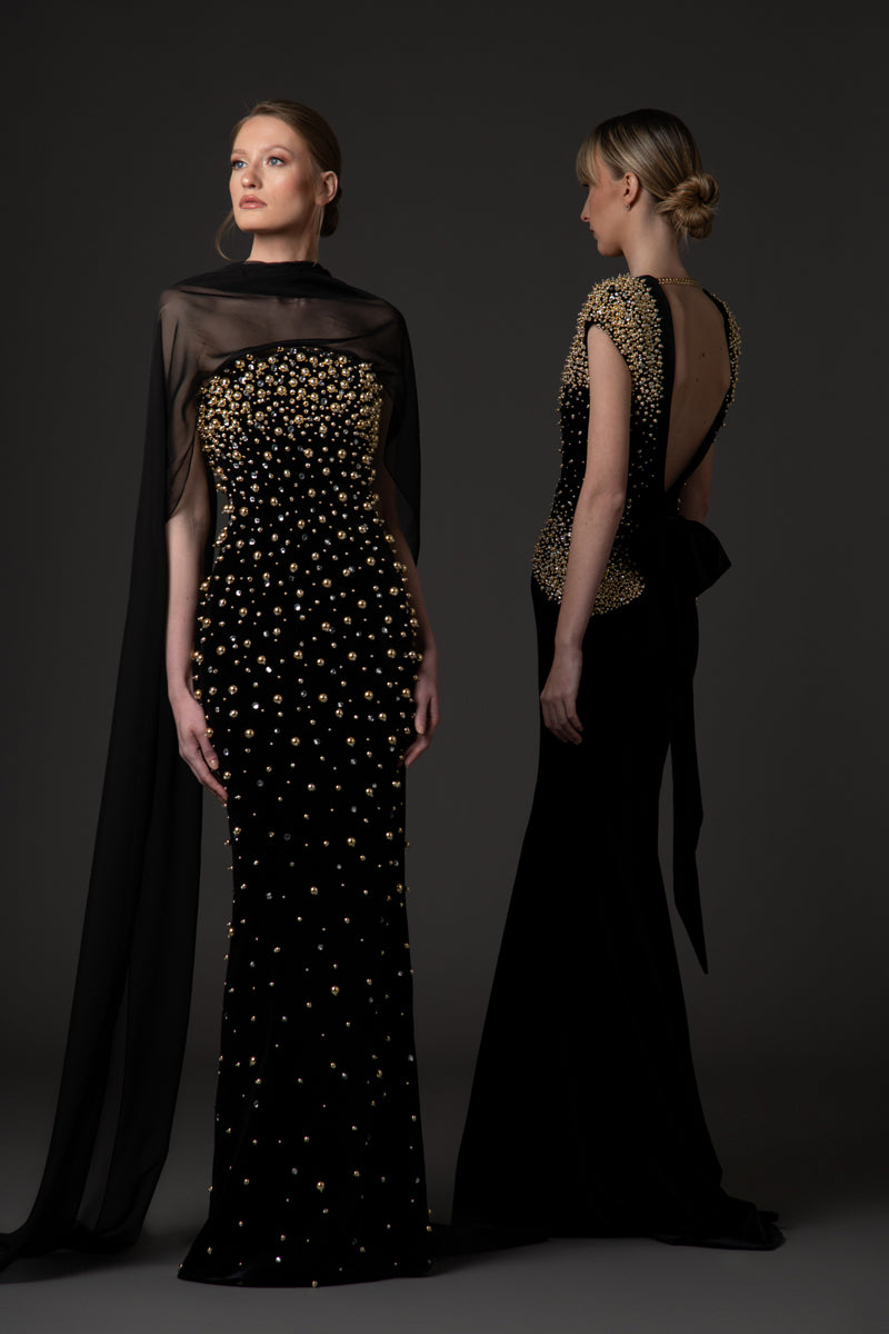 Velvet black dress with crystal and gold embroidery