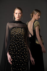 Velvet black dress with crystal and gold embroidery and a chiffon neck scarf