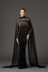 Velvet black dress with crystal and gold embroidery and a chiffon neck scarf