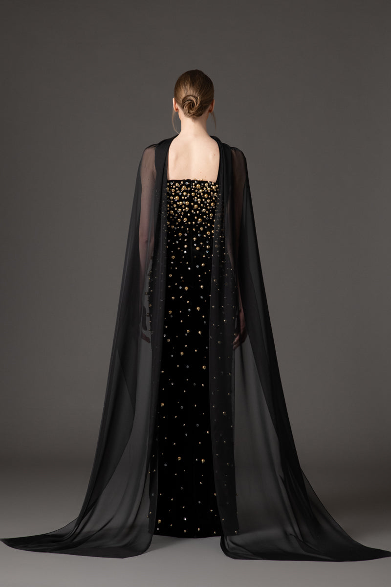 Velvet black dress with crystal and gold embroidery and a chiffon neck scarf