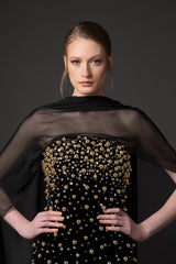 Velvet black dress with crystal and gold embroidery and a chiffon neck scarf