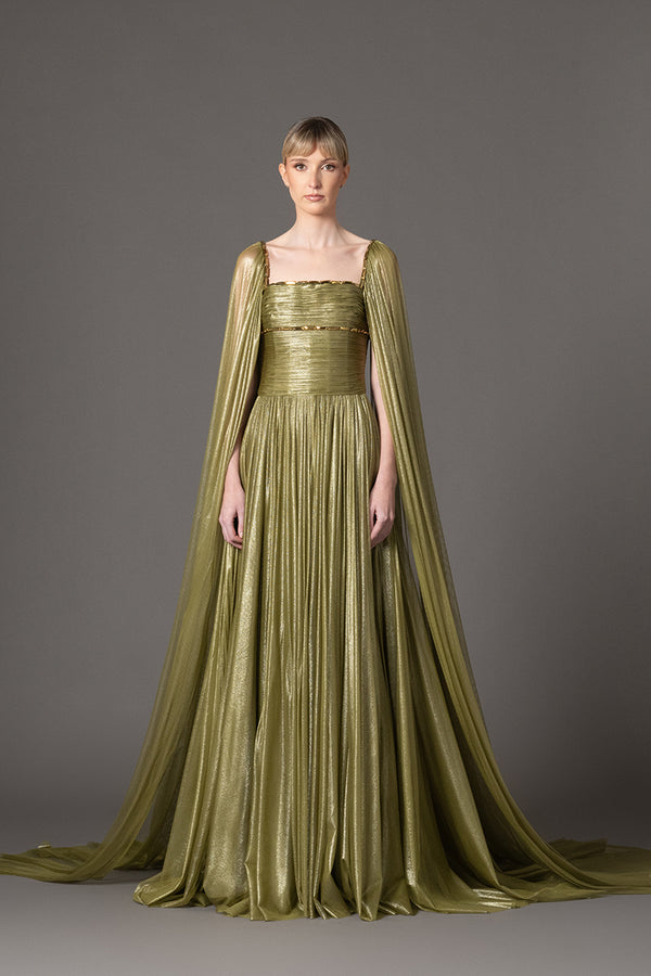 Draped dress in olive green silk foiled tulle with baguette detailing